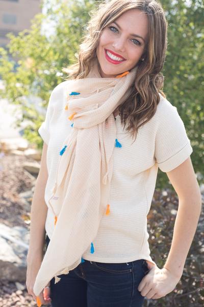 Dawn Solid Color Tassel Scarf Beige With Model
