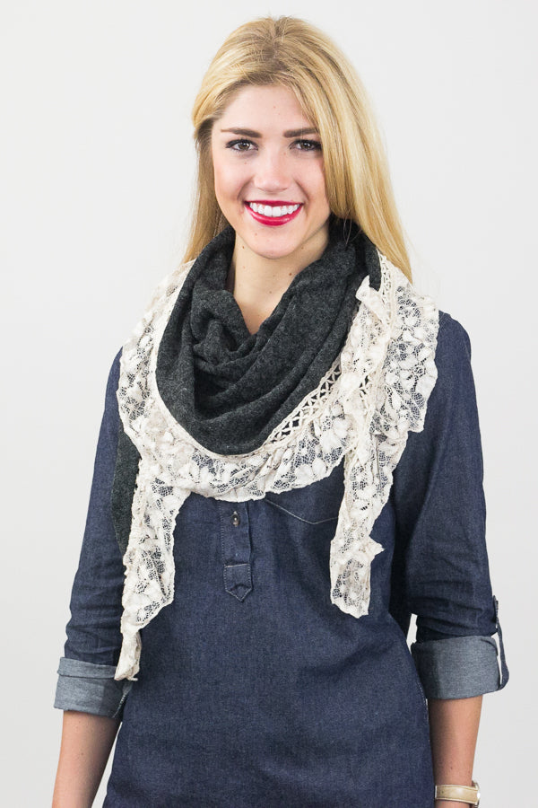 Aurelia Lace Trim Scarf Grey With Model
