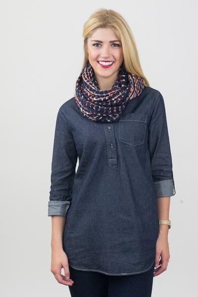 Blanche Colorful Crochet Infinity Scarf Navy / Blue With Model
