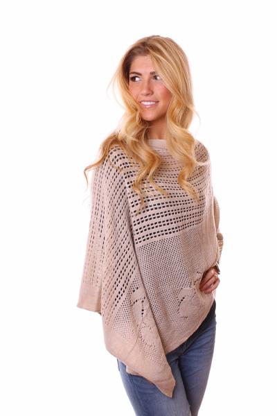 Catherine Floral Knit Poncho Beige With Model