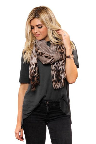 Markie Leopard Ombre Fringe Scarf Brown With Model