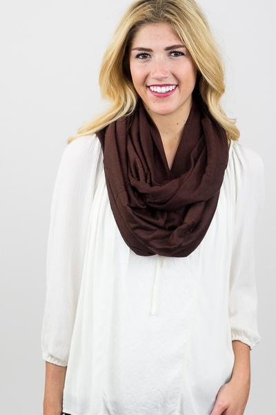 Shirley Soft Jersey Infinity Scarf Brown With Model
