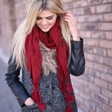 Skylar Pom Pom Neck Scarf Burgundy With Model