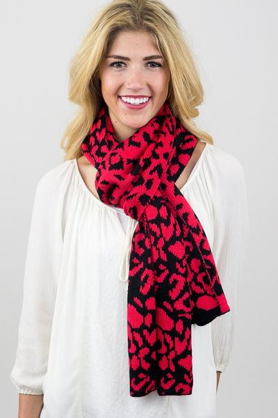 Susie Knit Leopard Scarf Red With Model