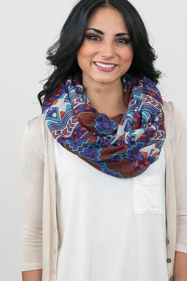 Thea Tribal Infinity Scarf Brown With Model