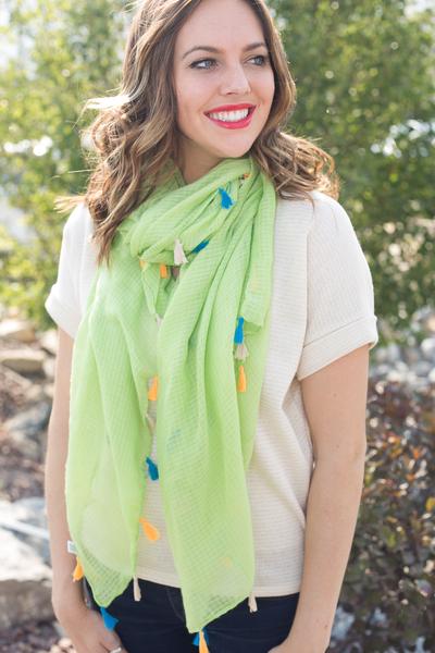 Dawn Solid Color Tassel Scarf Lime Green With Model